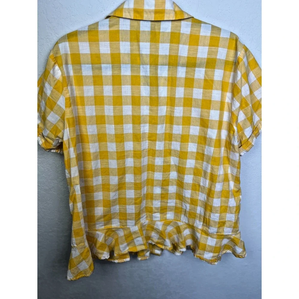 Jessica Simpson 1X Women's Yellow Checkered Short sleeve Buttoned‎ Up Top Ruffle